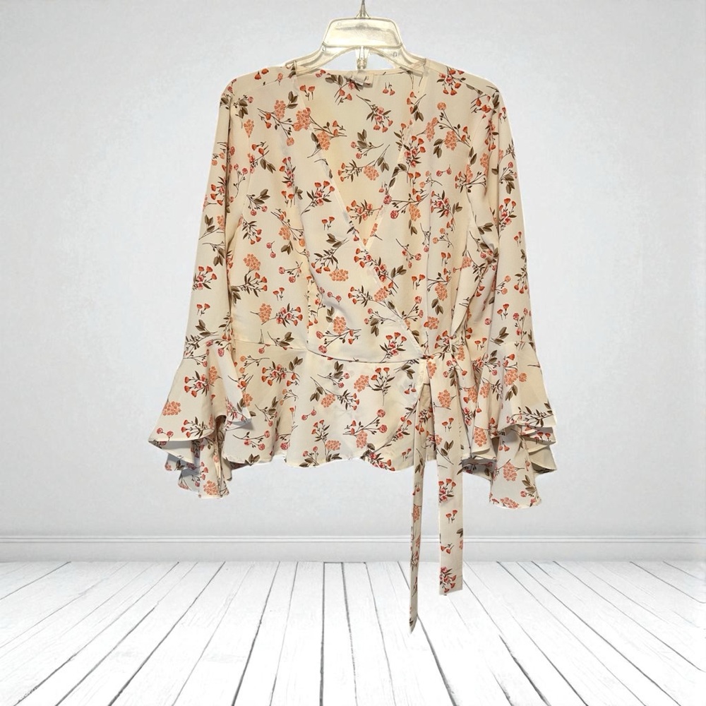 MERAKI FAUX WRAP PEPLUM SIDE TIE HIPPY BOHO MOD 3/4 FLUTTER ELASTIC SLEEVE XL